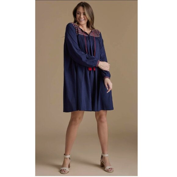 NWT DownEast Madeline Tassel Navy Blue Dress Women's Small Embroidered Loose - Picture 3 of 15